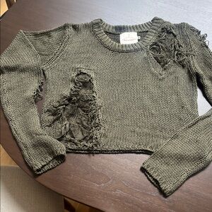LF Olive Distressed Crew Neck Sweater